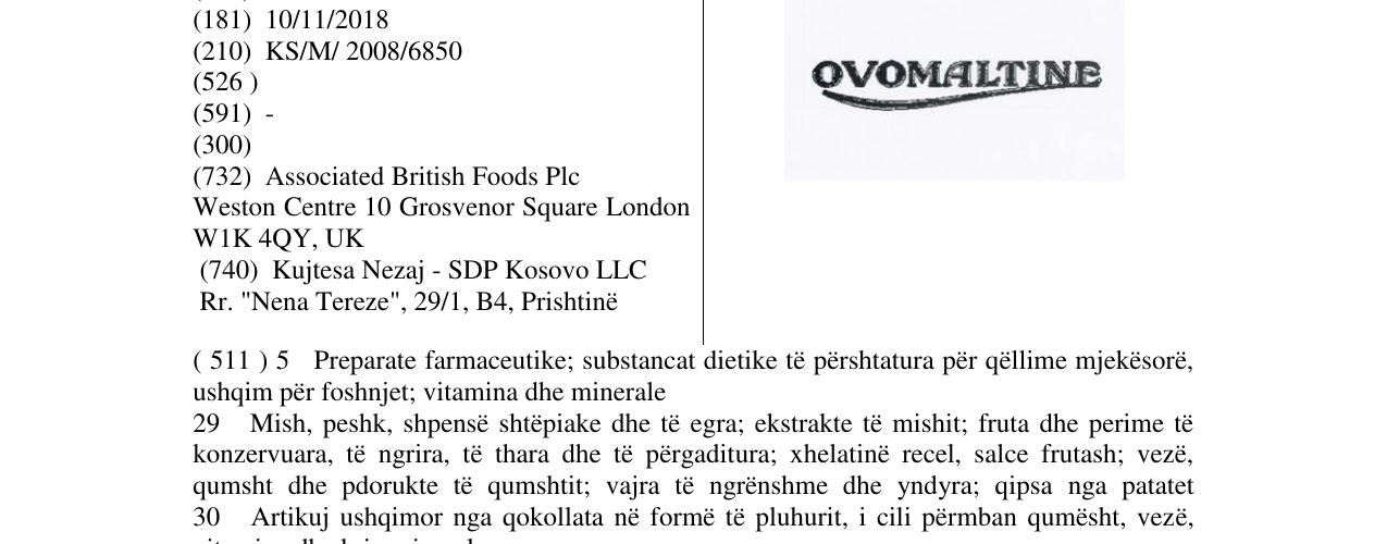 Zëri i markës OVOMALTINE në buletin