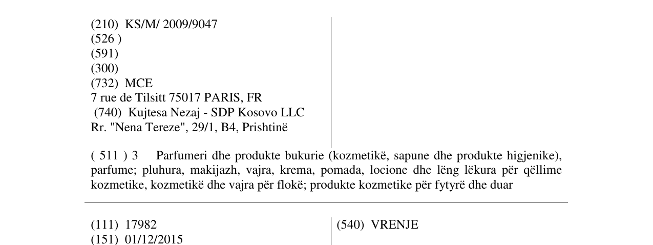 Zëri i markës BELESTHETIQUE në buletin