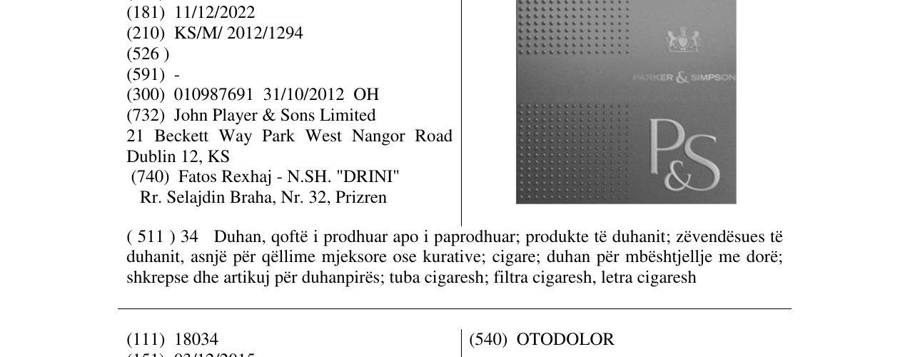 Zëri i markës P & S Parker & Sipmson në buletin