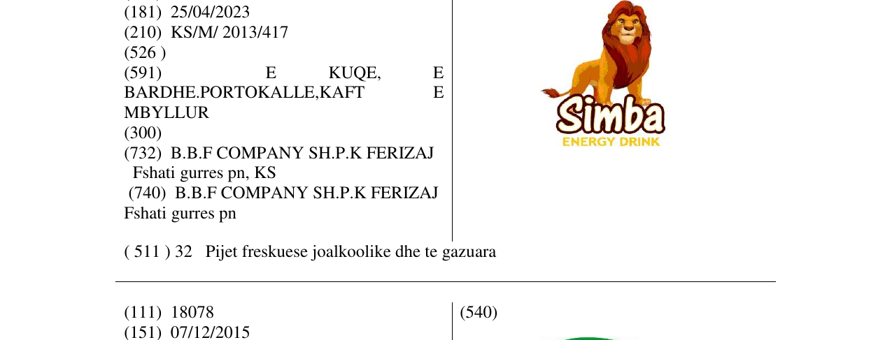 Zëri i markës Simba energy drink në buletin