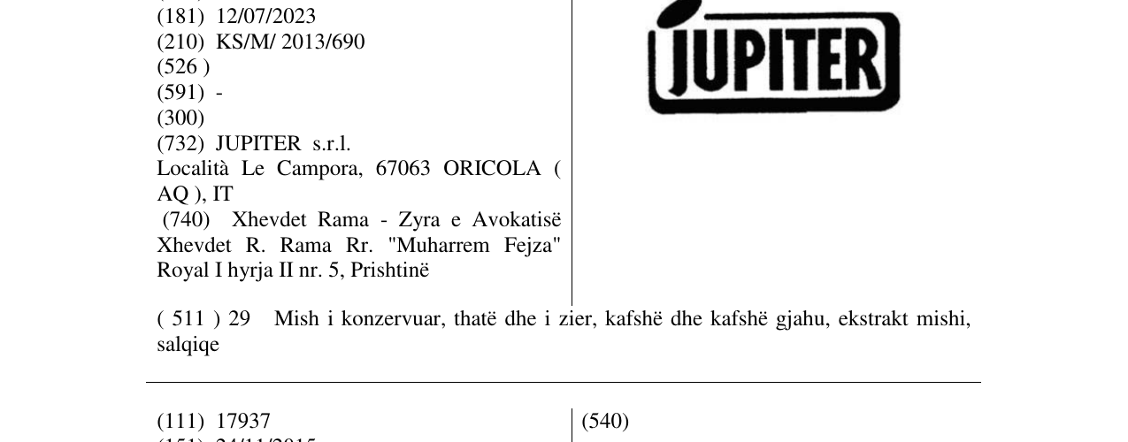 Zëri i markës JUPITER në buletin