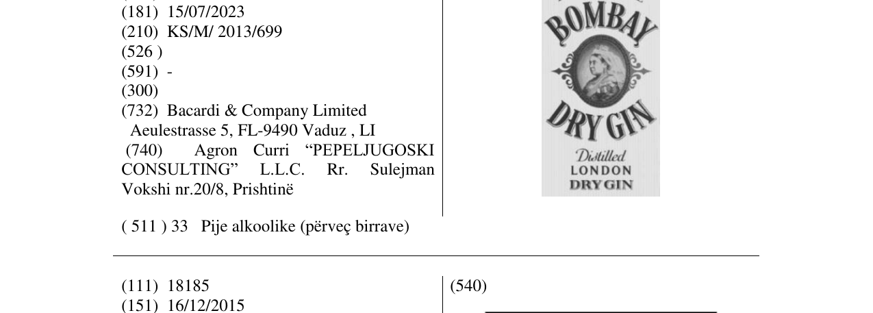 Zëri i markës BOMBAY DRY GIN në buletin