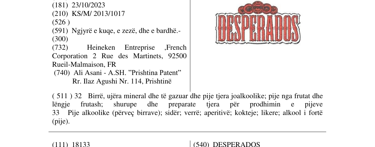 Zëri i markës DESPERADOS në buletin