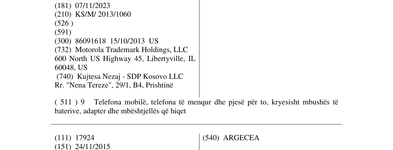 Der Eintrag der Marke MOTO G im Bulletin