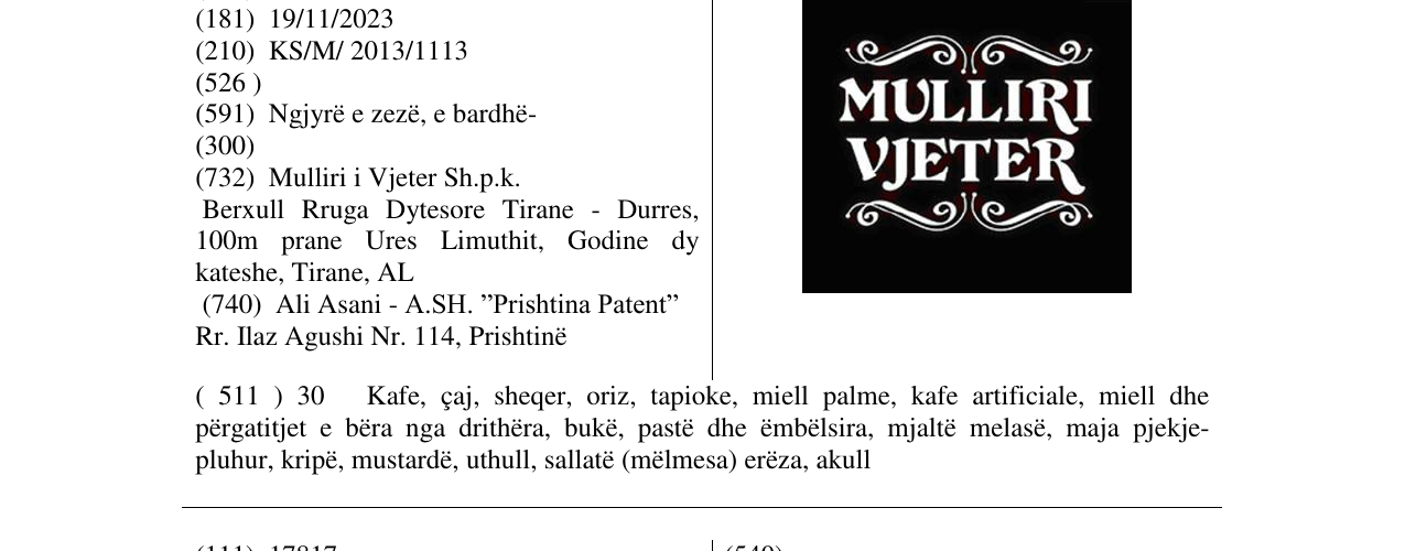 Zëri i markës MULLIRI VJETER në buletin