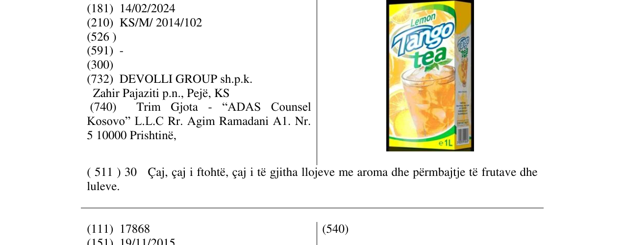 Zëri i markës Tango tea në buletin