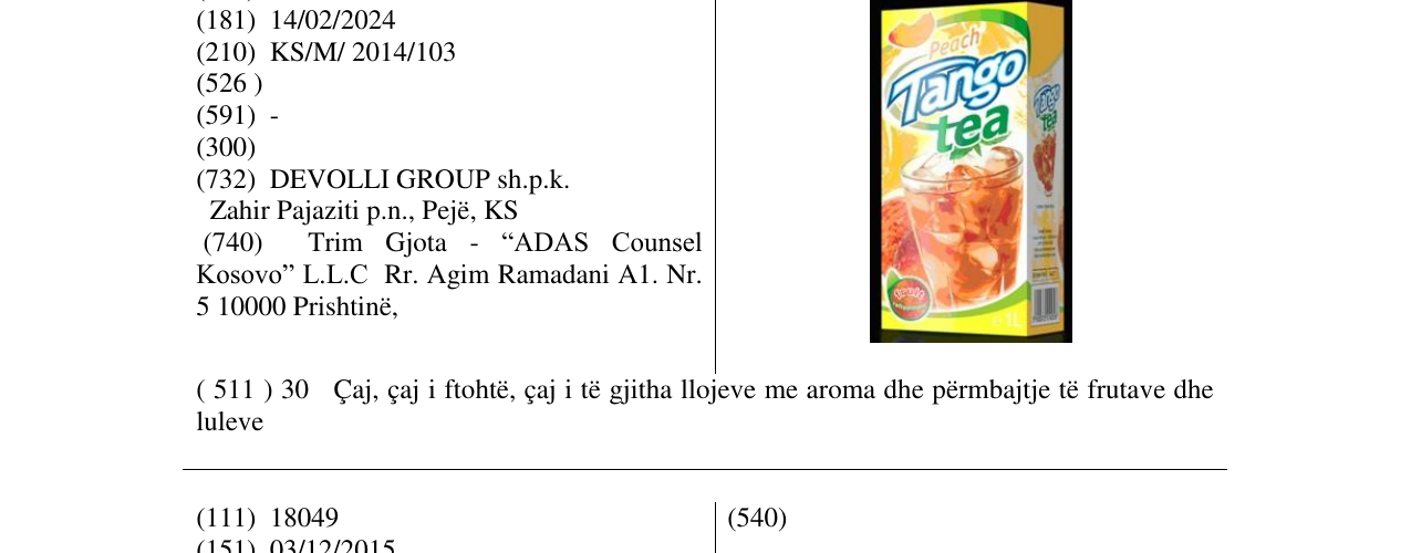Zëri i markës Tango tea në buletin