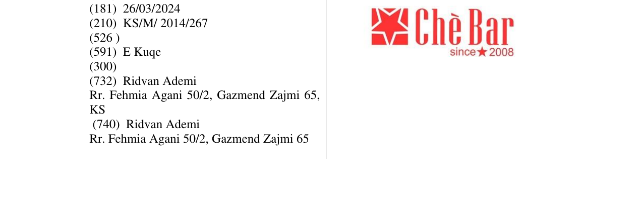 Zëri i markës CHe Bar since 2008 në buletin