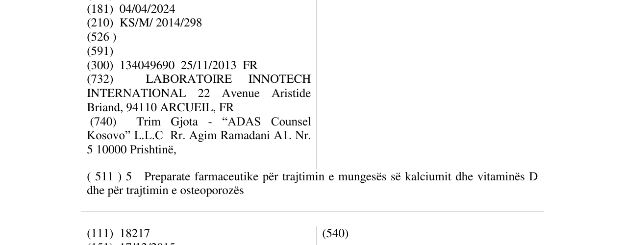 Zëri i markës INOCIUM D3 në buletin
