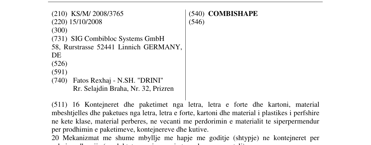 Zëri i markës COMBISHAPE në buletin