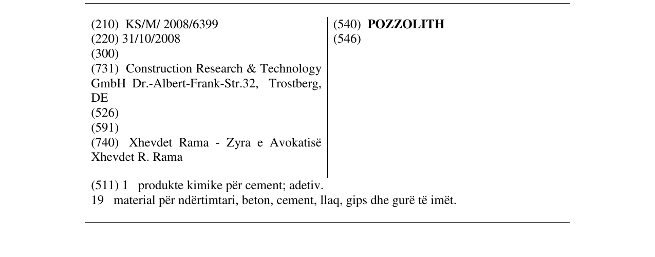 Zëri i markës POZZOLITH në buletin