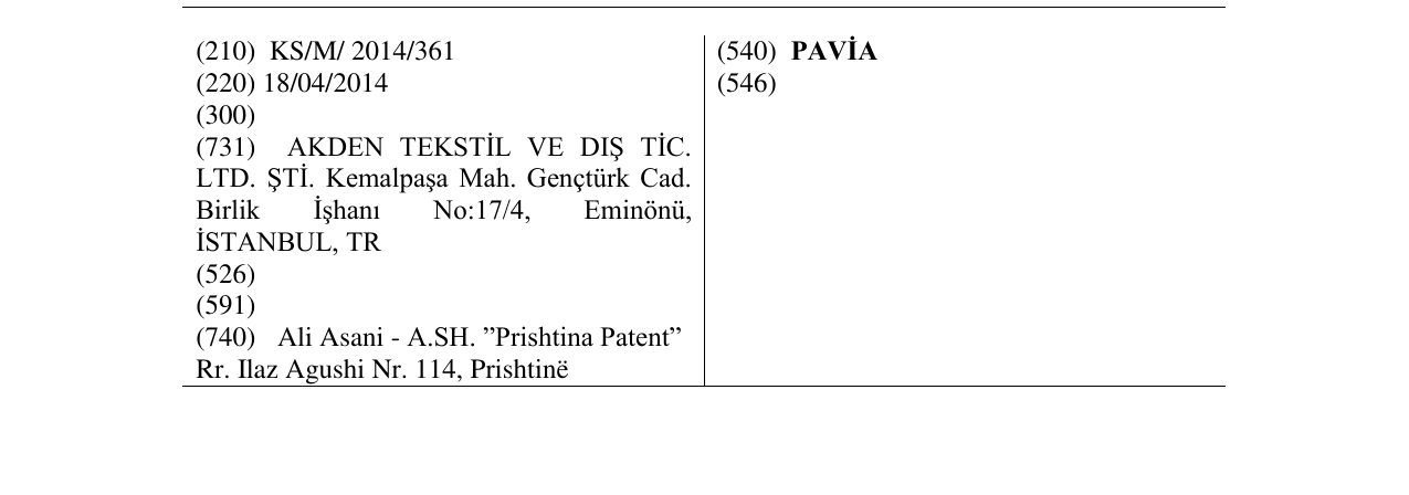Der Eintrag der Marke PAVİA im Bulletin