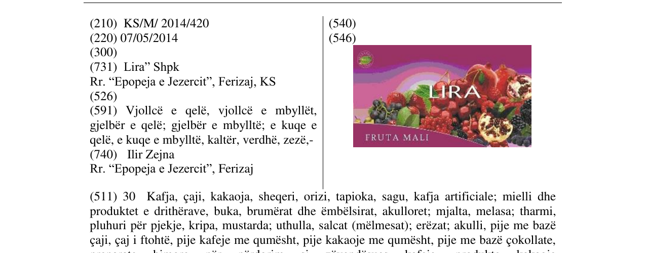 Zëri i markës LIRA FRUTA MALI në buletin