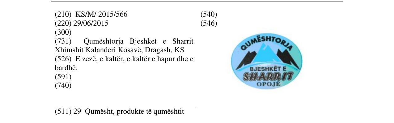Zëri i markës Qumështorja Bjeshket e SHARRIT Opojë në buletin