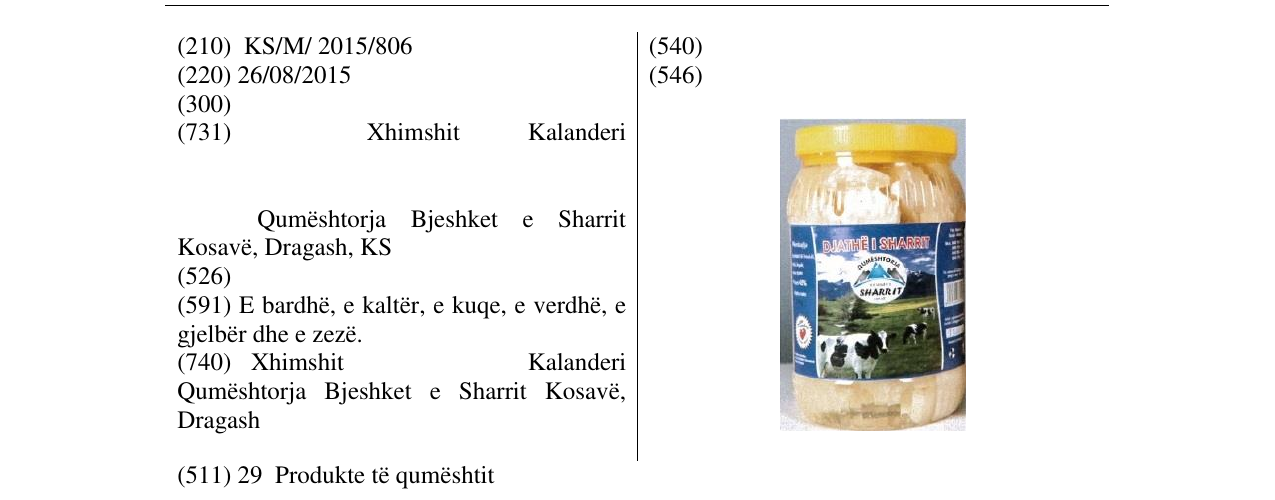 Zëri i markës DJATHË I SHARRIT në buletin