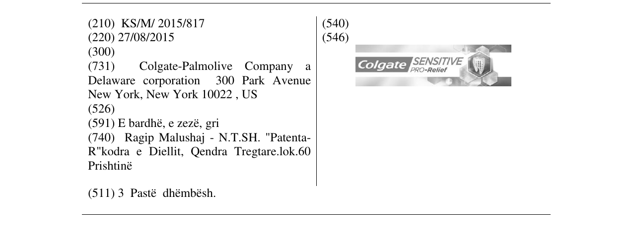 Zëri i markës Colgate SENSITIVE PRO-Relief në buletin