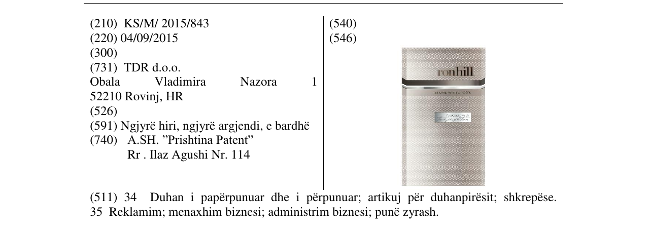 Zëri i markës ronhill STONE WHITE 100's në buletin