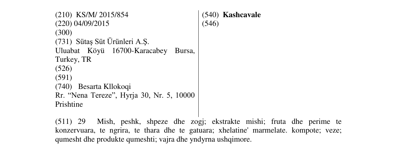 Zëri i markës Kashcavale në buletin