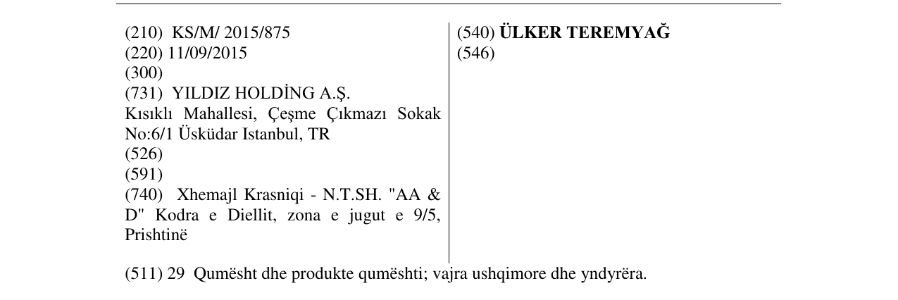 Zëri i markës ÜLKER TEREMYAĞ në buletin