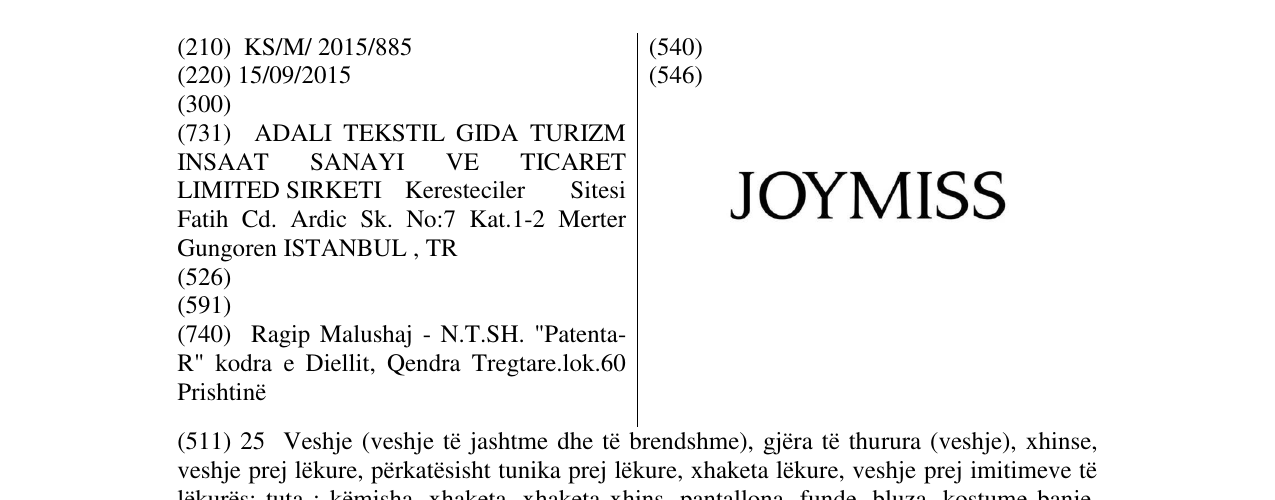 The entry of the trademark JOYMISS in the bulletin