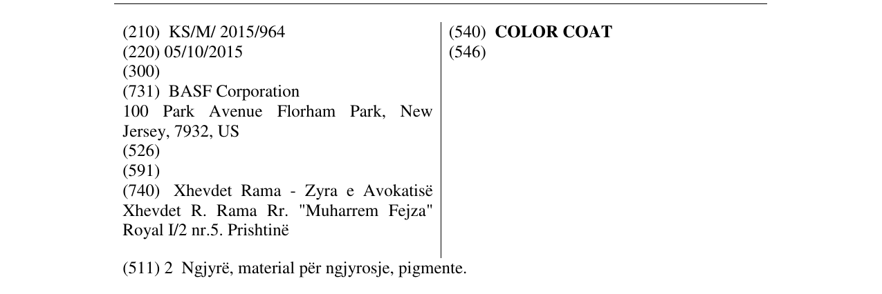 COLOR COAT markasının bültendeki kaydı
