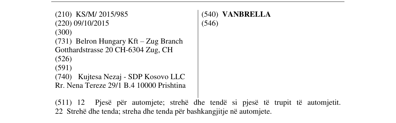 Zëri i markës VANBRELLA në buletin