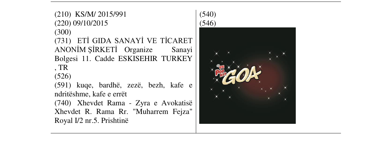 Zëri i markës ETi pop kek GOA në buletin
