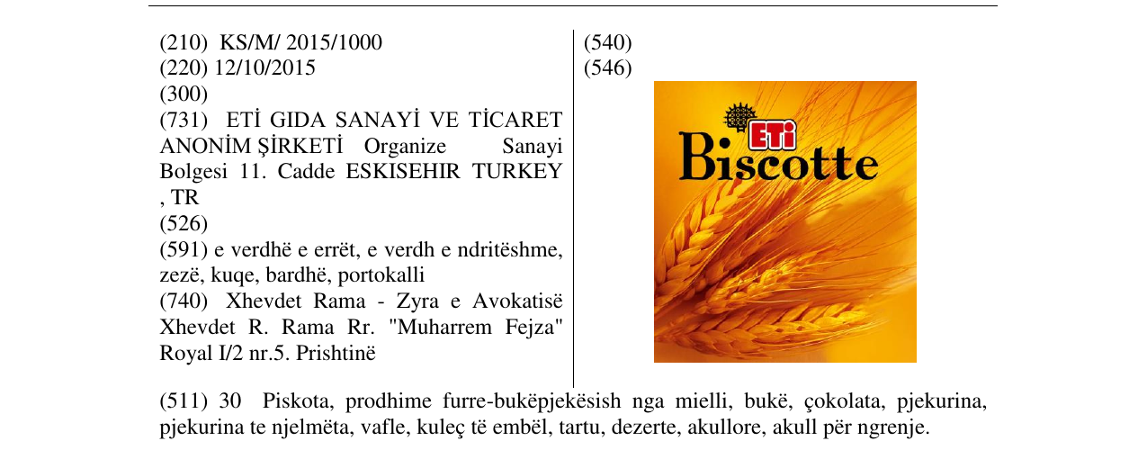 Zëri i markës ETi Biscotte në buletin