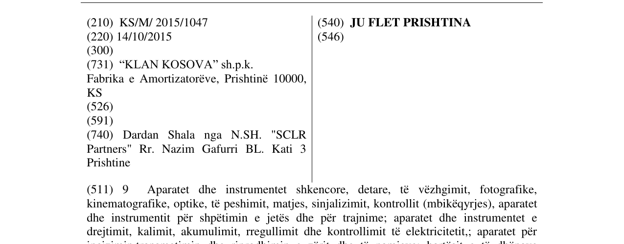 Zëri i markës JU FLET PRISHTINA në buletin