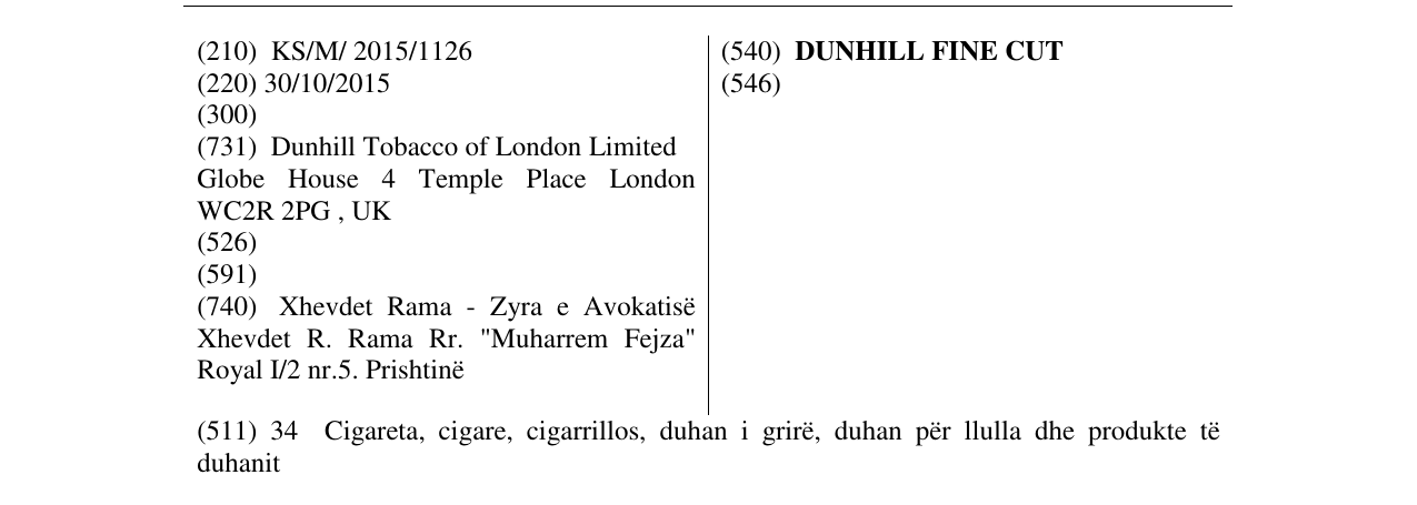 Zëri i markës DUNHILL FINE CUT në buletin