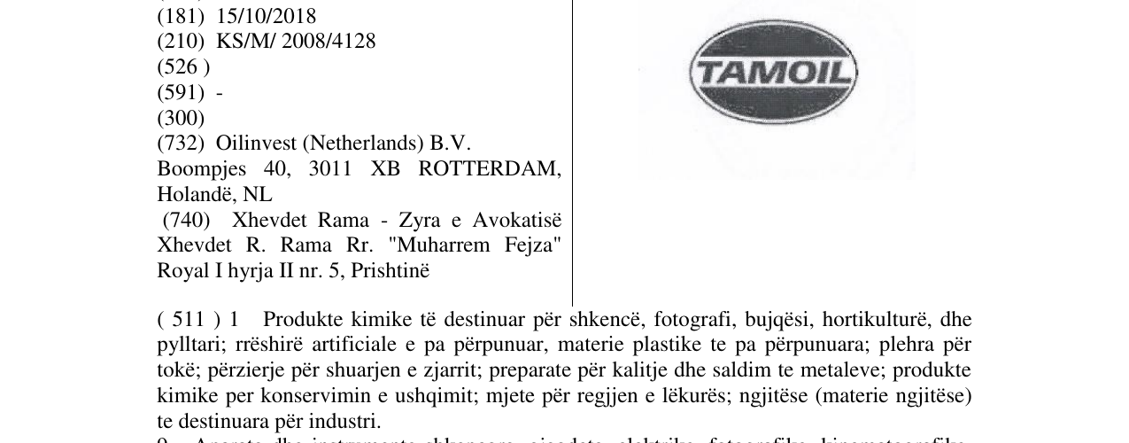 The entry of the trademark TAMOIL in the bulletin