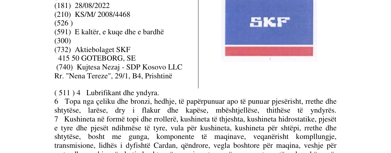 The entry of the trademark SKF in the bulletin