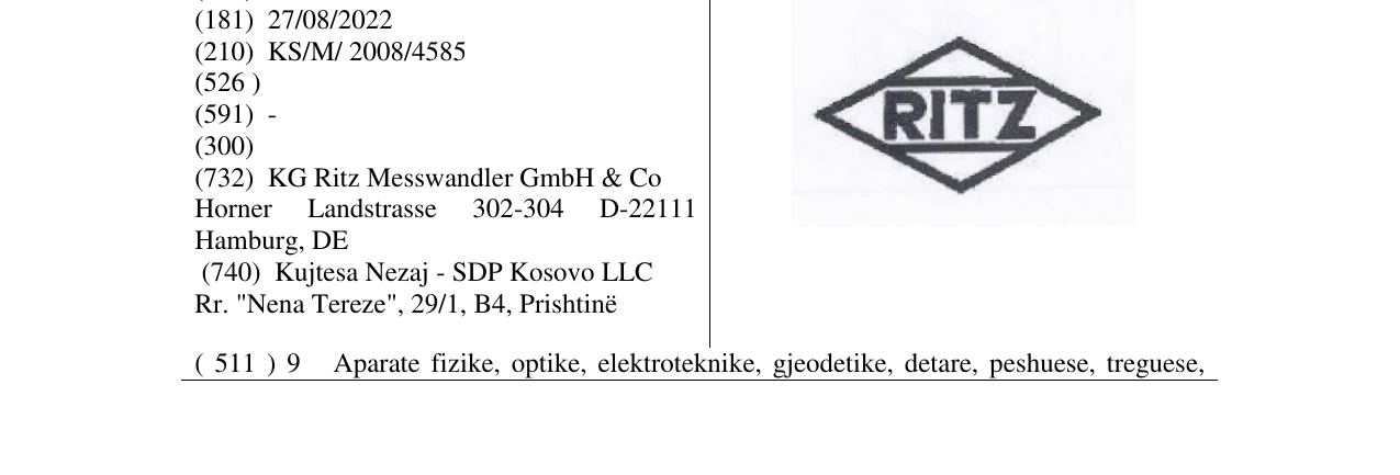 The entry of the trademark RITZ in the bulletin