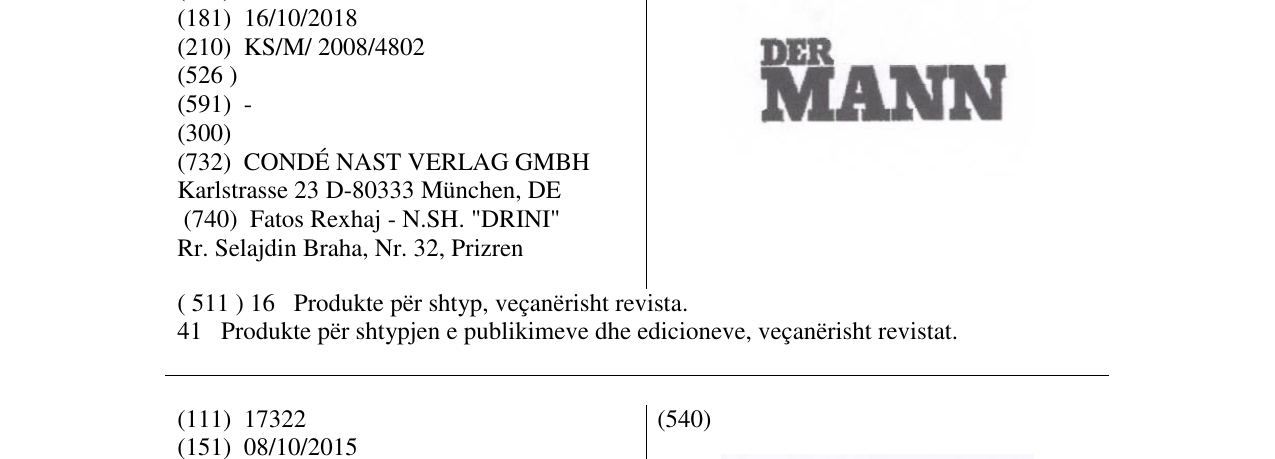 The entry of the trademark DER MANN in the bulletin