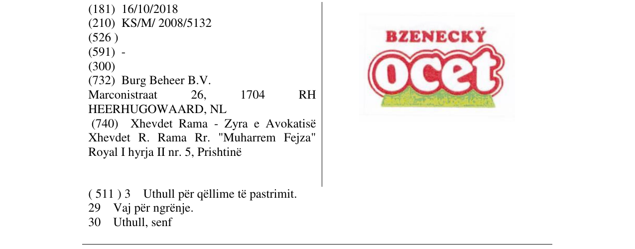 Zëri i markës BZENECKÝ ocet në buletin