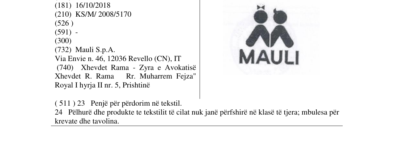 The entry of the trademark MAULI in the bulletin