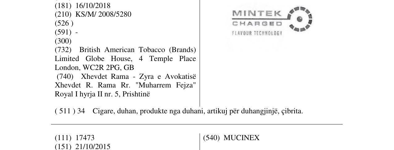 The entry of the trademark MINTEK CHARGED in the bulletin