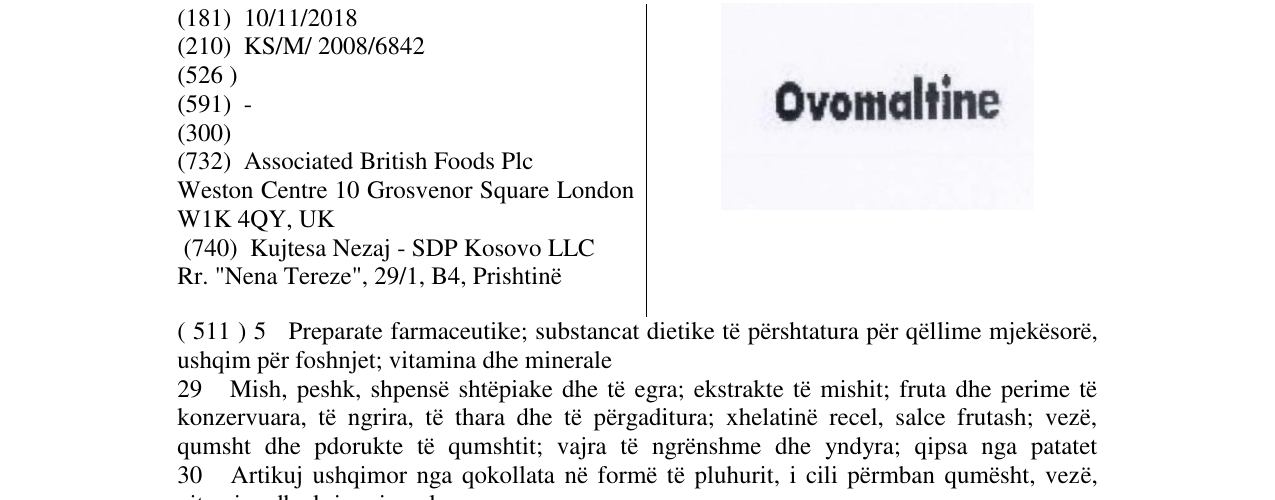 Zëri i markës Ovomaltine në buletin
