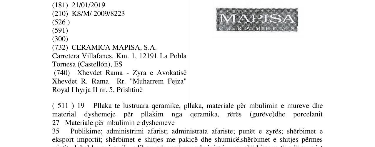 Zëri i markës MAPISA CERAMICAS në buletin