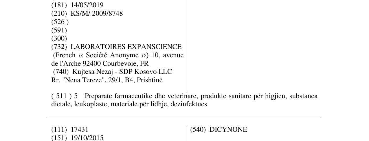 Zëri i markës PIASCLEDINE në buletin