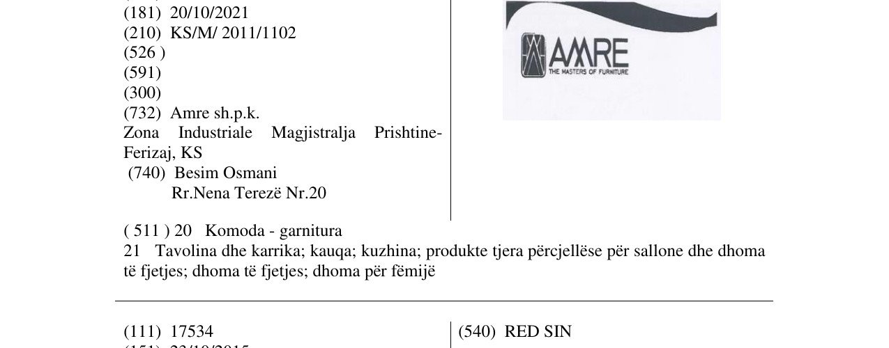 Zëri i markës AMRE THE MASTERS OF FURNITURE në buletin