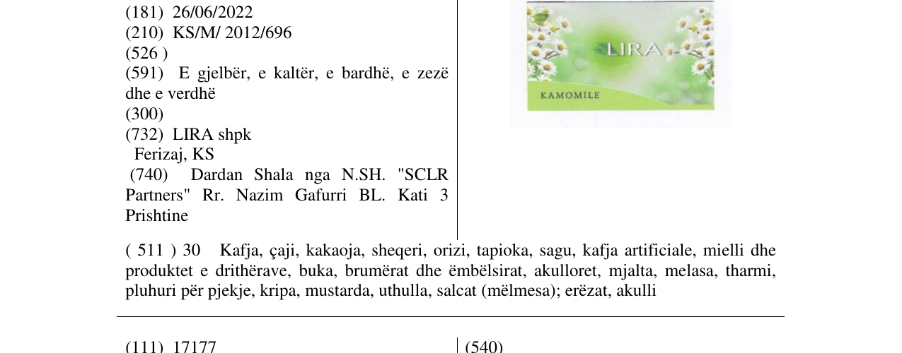 Zëri i markës LIRA KAMOMILE në buletin