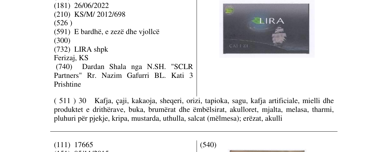 Zëri i markës LIRA ÇAJ I ZI në buletin