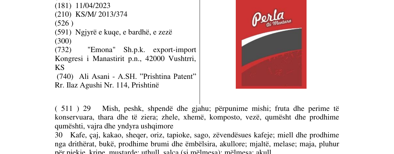 Zëri i markës Perla Di Montara në buletin
