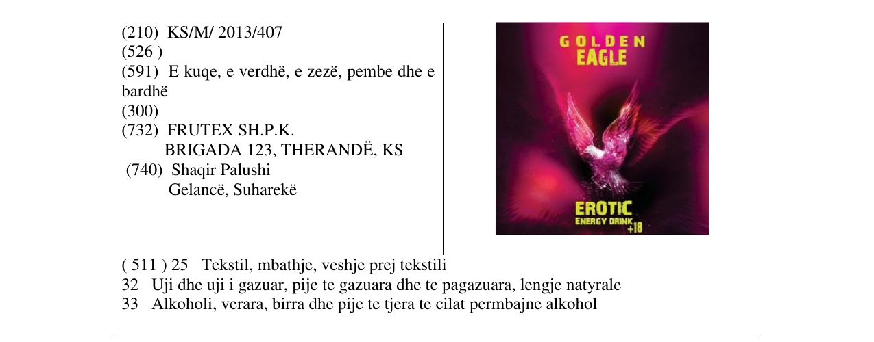 Zëri i markës GOLDEN EAGLE EROTIC në buletin