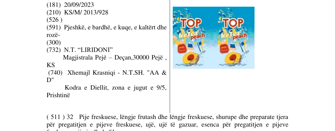Zëri i markës TOP Ice Tea peach në buletin