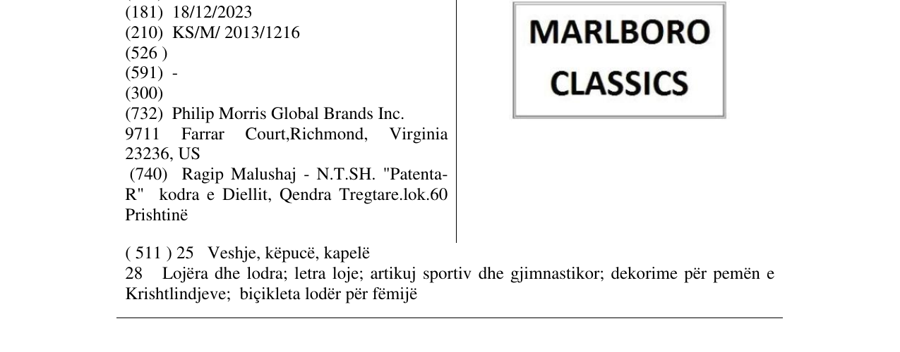 Zëri i markës MARLBORO CLASSICS në buletin