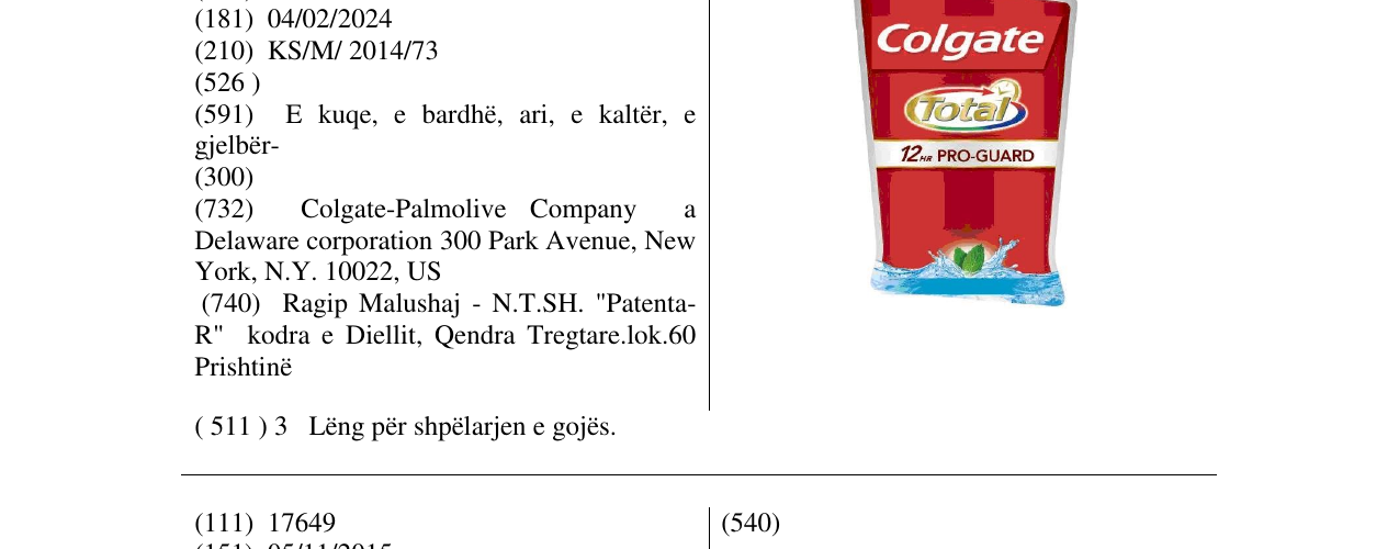 Zëri i markës Colgate Total në buletin