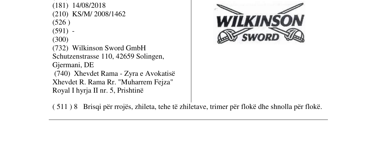 Zëri i markës WILKINSON SWORD fig. në buletin