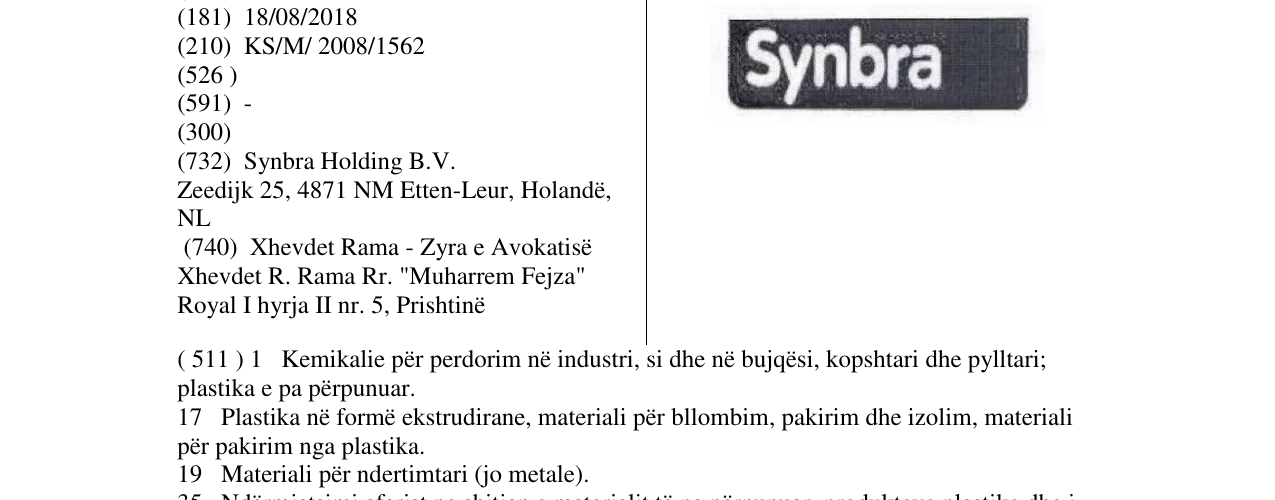 Zëri i markës SYNBRA (word device mark) në buletin
